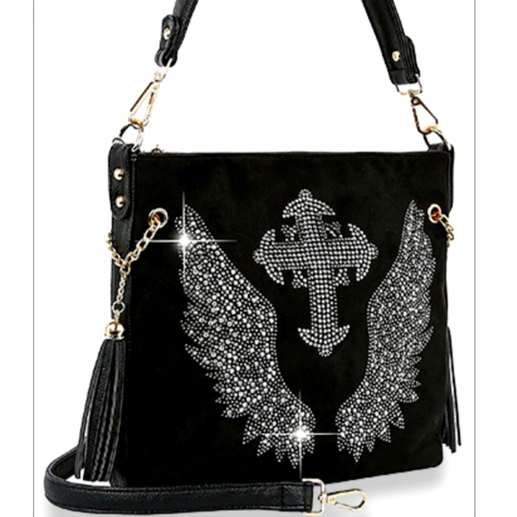 Handbags - Stunning Black Winged Cross Rhinestone Bling Handbag